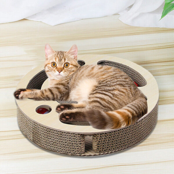 Cat Scratcher Pad Toy 3 In 1 Round Corrugated Scratching Toy With Bell Ball - Image 2